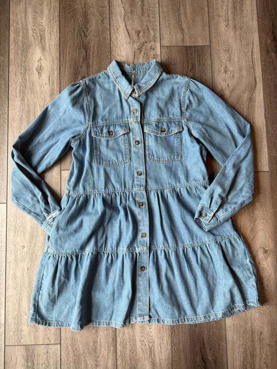 Free People Dresses & Skirts - Free People Nicole Denim Shirt Dress Size L Indigo Tiered Babydoll